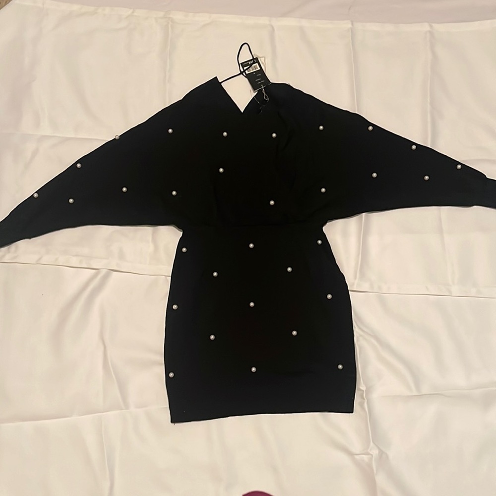Womens black off shoulder stretch dress with faux pearls